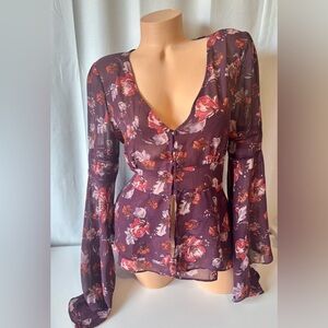 Forever 21 Sheer Fall Floral Top w Button Up Detail and Bell Sleeves